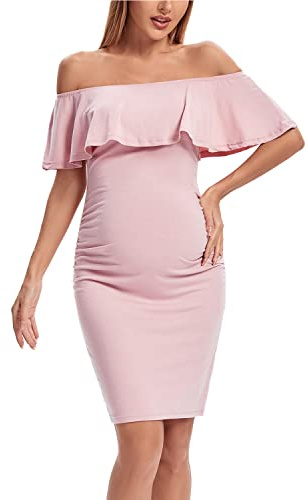 Shen&Qege mammaklänning ledig med axelfrihet, volanger, ärmlös, bodycon, mammaklänningar för babyshower, Mörkt pulver, XL