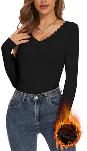 WOWENY Thermo Langarmshirt Damen Warme Pullover Winter Lace V Ausschnitt Thermoshirt Damen Langarm Unterhemd Funktionsshirt Schwarz S