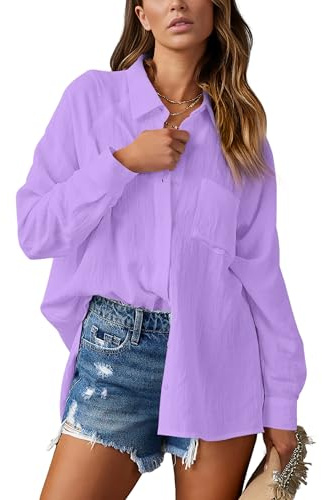 NONSAR Chemise élégante pour femme, col en V, chemise à manches longues, décontractée, à la mode, élégante, avec poche, lilas, XX-Large
