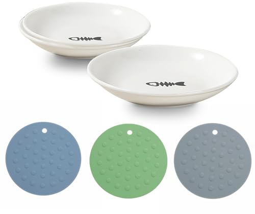 Soulnioi Platos de comida de cerámica para gatos, plato poco profundo para gatos, cuenco ancho para todos los gatos y perros con alfombrilla antideslizante para gatitos, cachorros y animales pequeños,