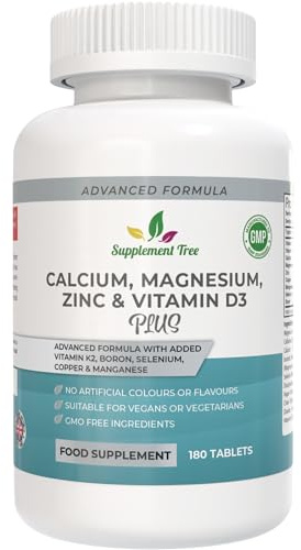 Calcium Magnesium Zinc and Vitamin D Plus Vitamin K2 MK-7 Supplement - 180 Vegan Tablets - High Strength Calcium Tablets Complex with Vitamin K2 Copper Manganese Selenium & Boron - UK Made
