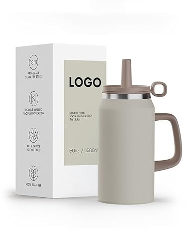 Remione Thermobecher Kaffee to go Becher Trinkbecher mit henkel, Deckel und StrohhalmH to go Becher Kaffee Tumbler Cup kaffeebecher 1.2L 40oz Auslaufsicher und Sturzpräventio (Beige)