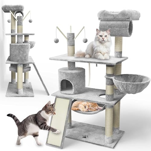 zooprinz extra breiter kratzbaum – XXL Premium Kratzbaum mit dicken Sisal Säulen, Höhle, Hängematte, Spielbällen & Seil – Großes Spieleparadies für kleine & große Katzen (Hellgrau)