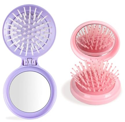 Bmeigo 2pcs Mini Hair Brush - Travel Hairbrush with Mirror Foldable Cute Round Folding Detangler Combs Hair Styling Brushes for Grils Women Wet Dry Curly Straight Long Hair(Pink + Purple)