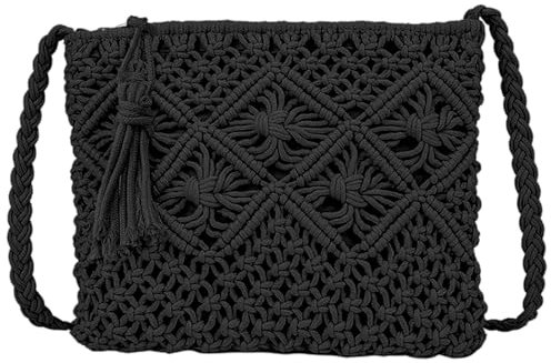 UILYNIU Schwarz Umhängetasche Damen Handarbeit Klein Strandtasche Kleine Schwarz Clutch Strohtasche Damen Schwarz Handtaschen Gewebte Tasche Häkeltasche Sommertaschen Damen Kleine Tasche (Schwarz)