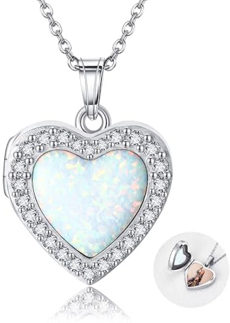 DAYLINLOVE Collar con medallón de plata de ley 925 con colgante de ópalo en forma de corazón para fotos, collar conmemorativo para mujeres, mamá, esposa, Plata esterlina