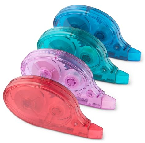 Amazon Basics Lot de 4 rubans correcteurs blancs avec distributeur, faciles à utiliser, 12 m, 9 x 4,6 x 1,6 cm, Vert, violet, rouge, bleu