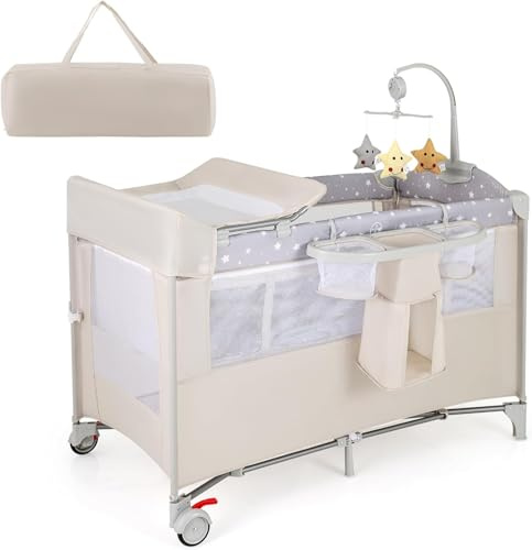 GOPLUS Cuna de Viaje para Bebé 5 en 1, Cuna Colecho Plegable con Cambiador de Pañales, Juguetes, Caja de Música, Colchón y Estante, Parque Bebe Portátil con Bolsa de Transporte (Beige)