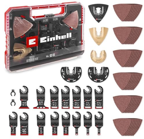 Originale Einhell XXL-CASE Set multiutensili da 70 pz. (lame per sega a tuffo, lame per sega semitonda, raspa a delta in metallo duro, piastra di supporto a delta, carta vetrata, adattatore Dremel)
