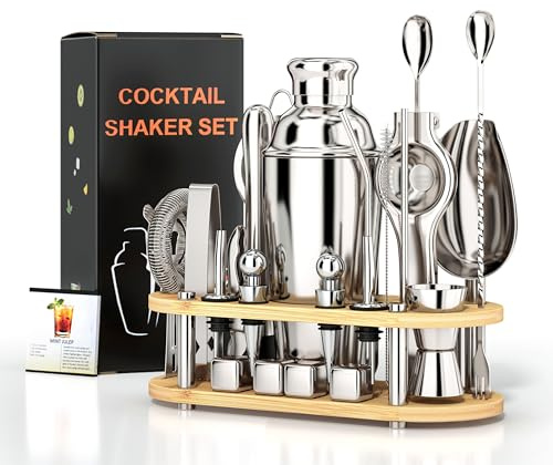 Set shaker per cocktail, 25 pezzi, kit barista in acciaio inox con supporto in legno e libretto di ricette per cocktail, strumenti professionali da bar per mescolare bevande, casa, bar, feste