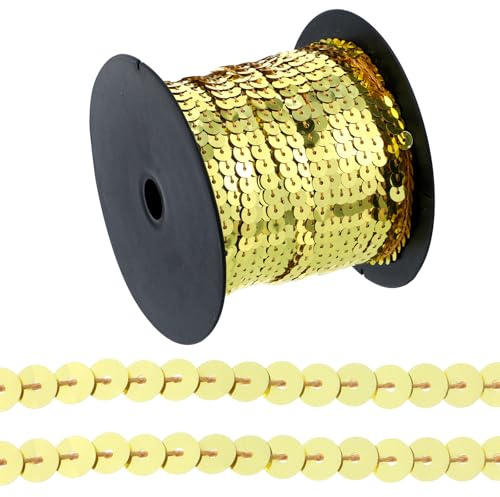 100 Yards Gold Pailletten Rolle, 6MM Flache Glitzer Paillettenband zum Basteln, Pailetten Borte, für Kleid Dekorieren Schmuck Ornament Stirnband Tanzbekleidungen Armband