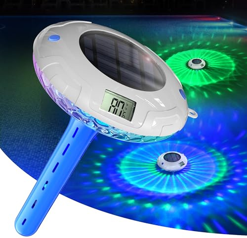 Luz solar para piscina con doble pantalla LCD, termómetro flotante para piscina de fácil lectura, 8 efectos de iluminación dinámicos, termómetro digital impermeable IPX7