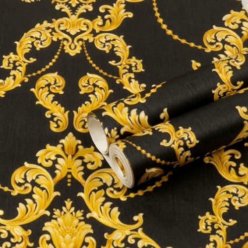 ESSMOKO Papel tapiz Papel tapiz clásico no tejido de PVC impermeable engrosado no autoadhesivo para uso doméstico en salas de estar dormitorios y estudios en color negro y dorado