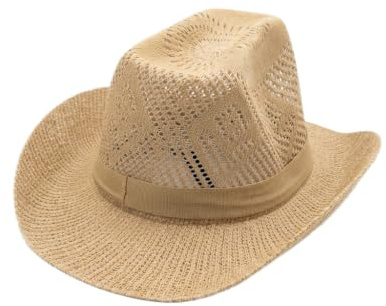 OUTLETISSIMO® Beige Panama-mönster sommar ihåliga halm cowboyhatt för män och kvinnor andningsbar lätt västerländsk stil strand solhatt med dekorativt band V054