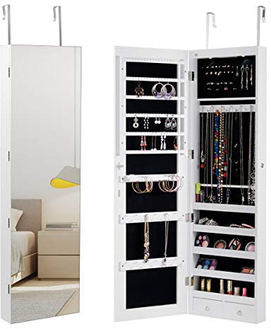 COSTWAY Armadietto Portagioie con Luci LED, Specchio Portagioie da Muro, Organizator per Gioie da Parete, con Chiave, 35,5 x 10 x 120 cm (Bianco)
