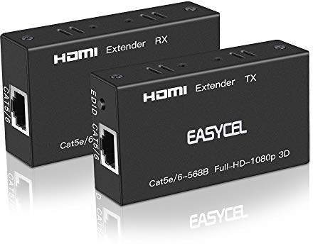 Easycell Extenseur HDMI (émetteur et récepteur) de 60 m avec câble Ethernet RJ45 Cat5e Cat6 Cat7 jusqu'à 60 m, prend en charge 1080p 3D HDCP EDID pour PC/ordinateur portable, DVD, Sky, PS4, caméra HD
