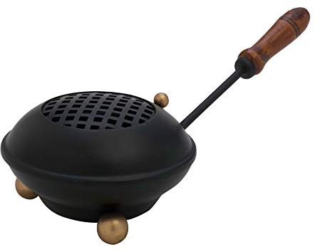 MaMeMi Sartén de Incienso Grande [Ø 11 cm, Largo 25 cm] Hierro Negro Mate con Mango de Madera y Colador Extraíble – Hecho a Mano en India