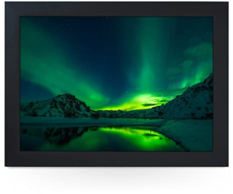 Portable Lap Tray with Cushion (Aurora Borealis) Handmade In UK | Wooden Frame, Beanbag Cushioned Bottom | Knee Desk For Computers, Laptops, Meals, Food | Easy Clean | L862 Black Frame with Black Base