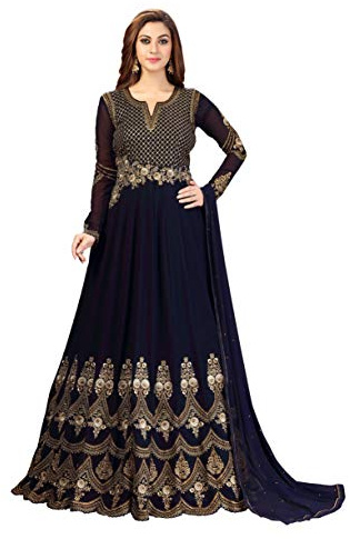 TRENDMALLS Kurta Set Georgette bordado indio paquistaní largo vestido anarkali para mujer vestido étnico, Azul oscuro, Small