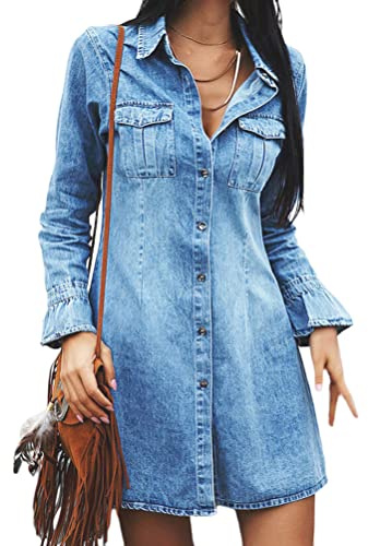 Yesgirl Robe Été Femme Rétro Denim Col V Ample Tunique Longue De Plage en Jean avec Boutons Style Chemise