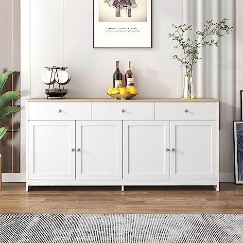Moimhear Aparador con vetas de madera blanca, cuatro puertas, con tres cajones, salón, comedor. Color madera y blanco, 160 x 37 x 75 cm (largo x ancho x alto) (WF303839841WAA)