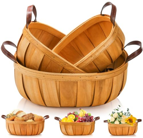 Goaste 3 Pack Wooden Bread Baskets, 3 Sizes Hand Woven Fruit Basket, Rustic Serving Basket Bowl with Handles, Decorative Picnic Basket Holder for Kitchen Counter, Vegetable, Egg, Snack