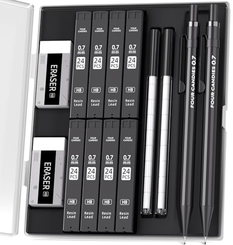 Four Candies 0.7mm Mechanical Pencil Set with Case - 2PCS Metal Mechanical Pencils 0.7mm, 8 Tubes HB #2 Lead Refills, 2PCS 4B Erasers and 18PCS Eraser Refills, School Supplies for Student Writing
