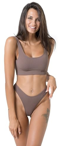 Invertika Completo Sportivo Donna Pole Dance Top+Slip in Seamless a Costine Made in Italy (Marrone, Taglia XS/S)
