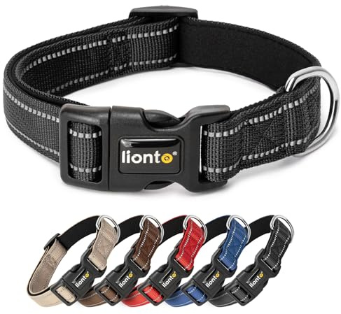 lionto Collare per cani imbottito in nylon riflettente impermeabile regolabile, taglia XL, nero