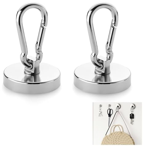 aghoer Mousqueton Magnétique Extra Fort, 2 Pièces Crochets Magnétiques, Crochets Magnétiques Rotatifs à 360°, Crochet Magnétique Extra fort,42mm 69kg Crochet Aimanté Neodyme, pour Cuisine