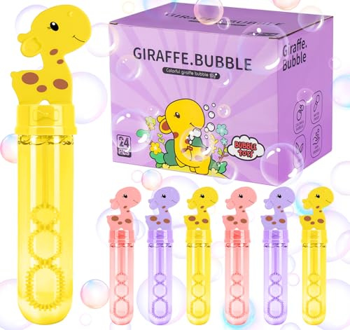 ilauke 24 Mini Bulles de Savon pour Enfants,30ml Tube à Bulles de Mariage, 3 Couleurs Petites Bulles de Savon Girafe,Bâtons à Bulles avec Poignée,Flacon à Bulle pour Mariage,Anniversaire,Fête,Noël