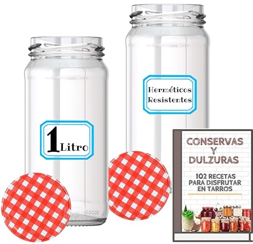 MundoTarros Tarros de Cristal de 1 litro con Tapas de Metal + Ebook de 102 Recetas - Frascos grandes para Conservas, Encurtidos, Alimentos Caseros - Incluye Etiquetas (12)