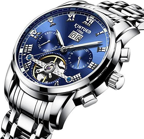 HFWXYSA Montres Hommes Mécanique Automatique Montres Bracelet Imperméable Montre Mode Décontracté Squelette Tourbillon Montres pour Hommes,Bleu