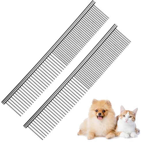 HJZHII 2 Stück Hundekamm Langhaar,Hunde Bürste,Hundekämme Stahlkamm Haustier Kamm Edelstahl Hundebürste Pudel Bürste Haustierpflege Kamm Zum Entfernen Verwicklungen Knoten Pudelpflege Deshedding Tool