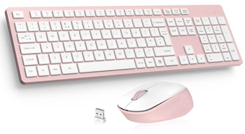 LeadsaiL Pink Wireless Keyboard and Mouse Set, 2.4GHz USB Computer Keyboards and Mouse for Office, UK Layout, Ergonomic Design with 12 Multimedia Shortcuts for Windows Laptop PC - Pink and White