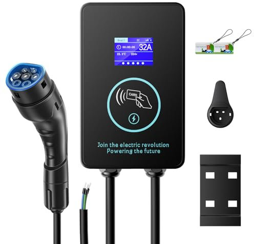 JoyCushy Wallbox 7,4 kw Tipo 2 Monofase 8A-32A, 0-8H Programmabile Colonnina Ricarica Auto Elettrica con Carta RFID e Display LED, Rapida Stazione Ricarica Veicoli Elettrici con 5 Metro Cavo Tipo 2