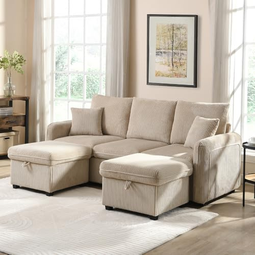 Divano ad angolo multifunzione Zepneiy, a 3 posti a U, con cassetti portaoggetti e poggiapiedi di stoccaggio, funzione letto modulabile e rimovibile, tessuto ciniglia beige