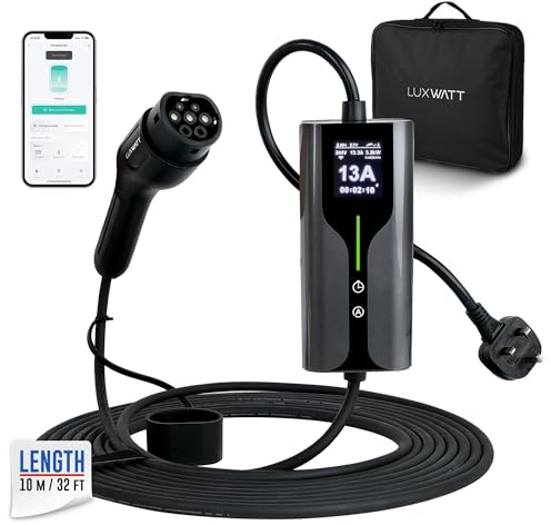 LuxWatt Type 2 EV Charging Cable, 3 Pin UK Plug 13A 3.5kW Portable Electric Car Charger, 10m Cable, IP66 Waterproof, Smart Mobile App – Compatible with All Type 2 Vehicles