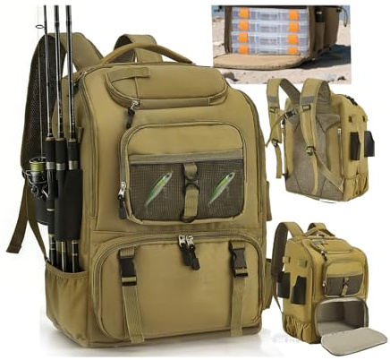 Eirolace Mochila de pesca multifuncional 900D Oxford accesorios de pesca mochila con compartimento ajustable soporte para cañas de pescar bolsa de aparejos de pesca bolsa de 40 l para pesca de agua