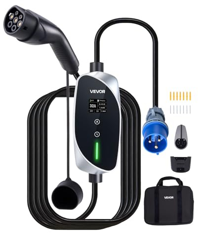 VEVOR Caricabatterie Portatile per Auto Elettriche 7,4 kW 32 A, Colonnina Portatile per Veicoli Elettrici di Tipo 2 Stazione Ricarica CEE Monofase con Cavo Ricarica 6 m Spina Schuko Schermo LCD