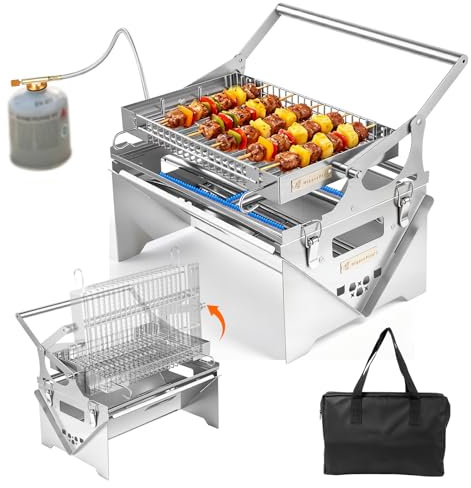 Barbecue au Gaz,Utilisation double Gaz/Charbon,Barbecue Charbon de Bois Portable avec Gril Rotatif 360°,Barbecues Pliable en Acier Inoxydable,pour Jardin, Terrasse, Pique-Nique, Camping