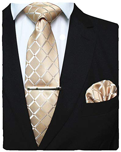 JEMYGINS Herren Hochzeit Krawatten-Set mit Karomuster und passendem Einstecktuch sowie Krawattenklammer - einfarbig in verschiedenen Farben erhältlich Champagner Gold