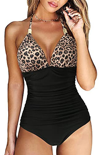 DOULAFASS Swimming Costume Women Tummy Control Swimsuit Halter V Neck Padded One Piece Black