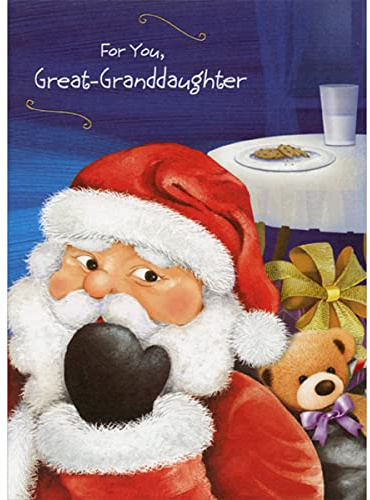 Designer Greetings Santa Closeup with Cookies and Milk in Background Juvenile Christmas Card for Great-Granddaughter