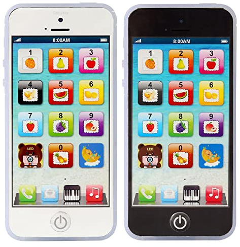 Sujosa 2pcs Black&White Yphone, Pretend Smart Mobile Toy Phone for Toddler Baby & Kids, Musical English Learning Preschool Education Electronic Cell Phone Gift for Boys & Girls (2 Packs)
