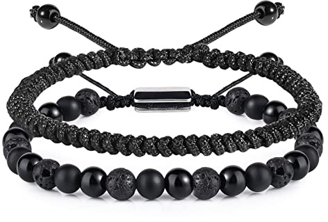 CARITATE Black Beaded Bracelets for Men Boys - 6mm Obsidian Onyx Lava Beads Mens Bracelet Set Mens Jewelry - Cool Anniversary Valentines Fathers Birthday Gifts for Him Boyfriend Husband Man Son Dad
