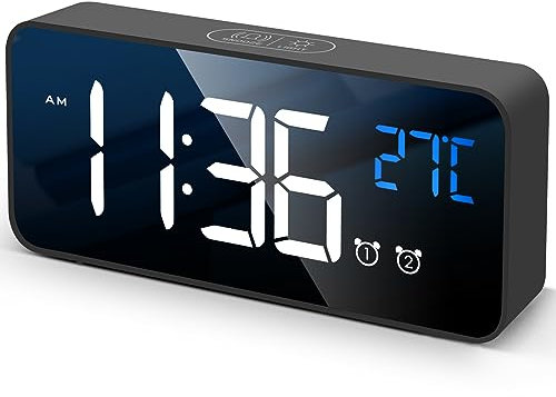 Véfaîî 【Amélioré】 Réveil Numérique 2.0, Horloge Numérique LED Horloge Digitale Réveil Aver Température, Luminosité Réglable, Snooze, Commande Vocale, 12/24H, Port USB