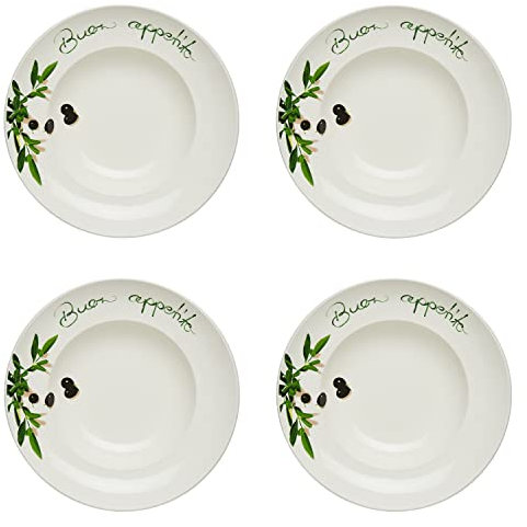 KHG 4er Set Pastateller, extra groß mit 30cm Durchmesser in Buono appetito Print, perfekt für Gastro und Zuhause, hochwertiges Porzellan, Suppenteller, Salatteller, Spühlmaschinengeeignet