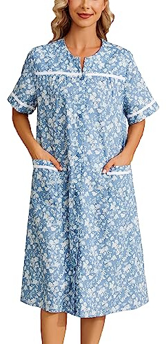 YOZLY Cotton Button Front Nightdress with Pockets | Short sleeve ladies nightie and house dress with a relaxed knee length fit for sleeping lounging and everyday homewear