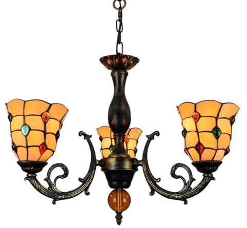 E27 Vintage Barock Pendelleuchte Tiffany stil Glas Esszimmer Lampe Wohnzimmer Kronleuchter Antik Elegante Esstisch Büro Hängelampe Rustikal LED Deckenbeleuchtung 3-flammig, Höhenverstellbar, Ø52cm